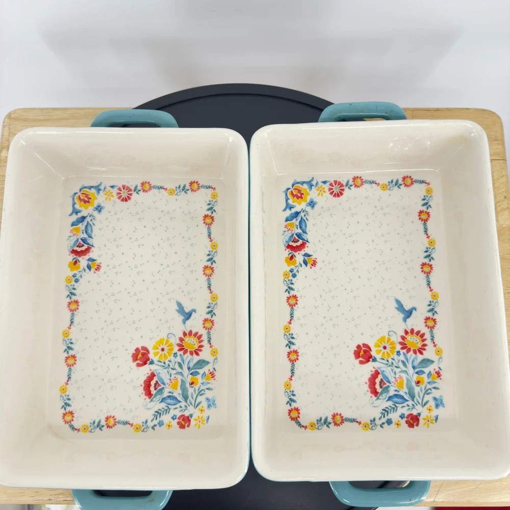 Pioneer Woman Chirp Floral Teal Ceramic Baking Dish Set of 2 Rectangular Bakers